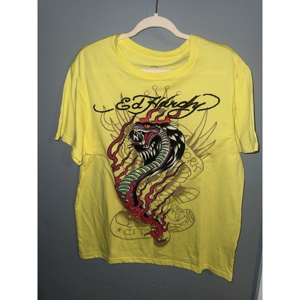 Vtg Y2K Ed Hardy Cobra Flames In Lemon Size Large New York City‎